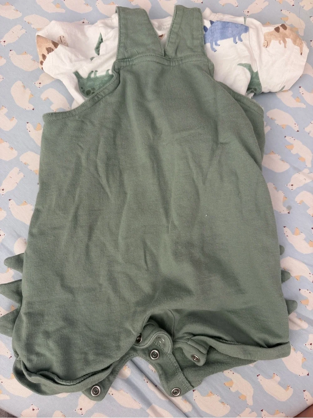 Carter's Sage Green Dinosaur-Trim Overalls
